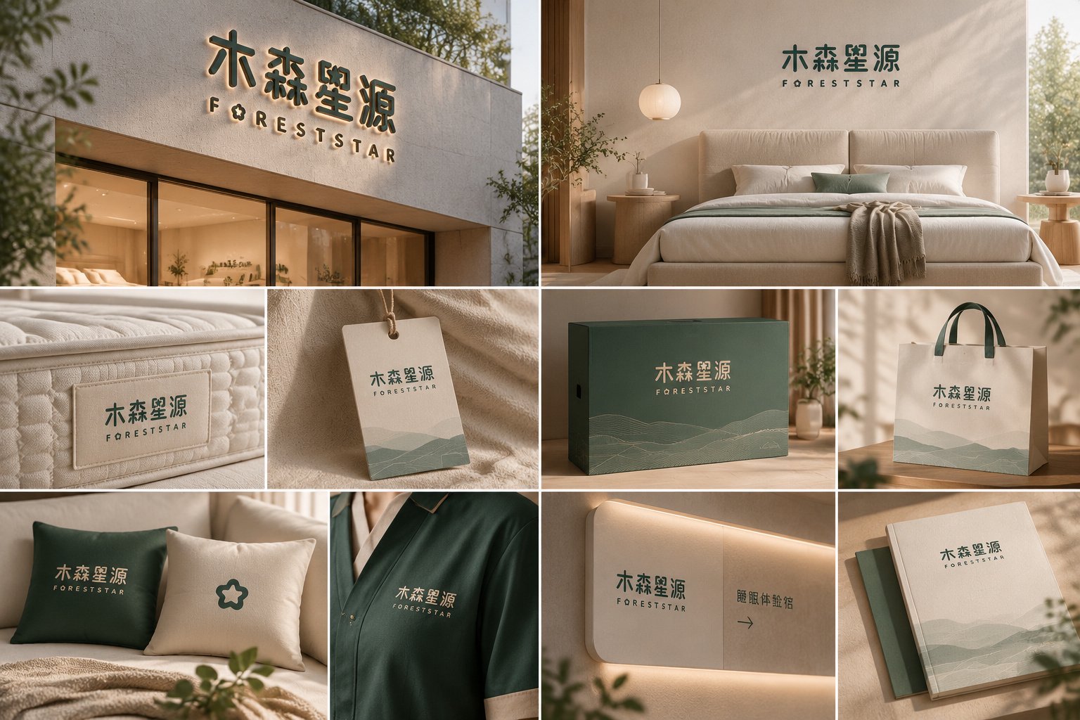 木森星源品牌VI延展应用,展示门店门头、床垫标签、品牌吊牌、抱枕、包装及宣传物料