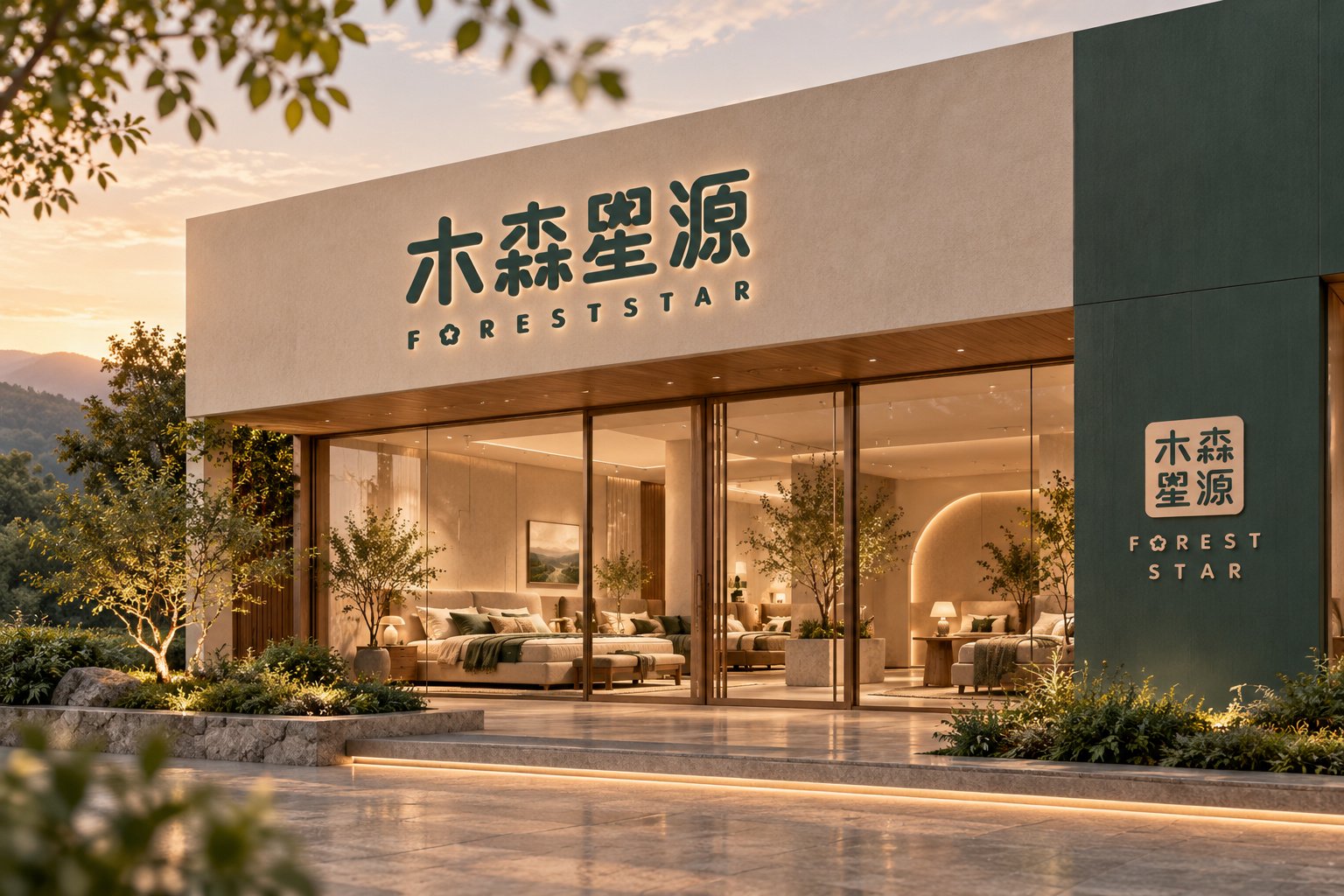 木森星源品牌门店形象设计,展示品质绿品牌标志、建筑立面与家居展示空间的视觉应用