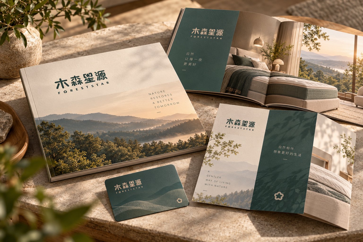 木森星源品牌画册与宣传册设计,展示产品摄影、自然景观、品牌标准字及宣传版式