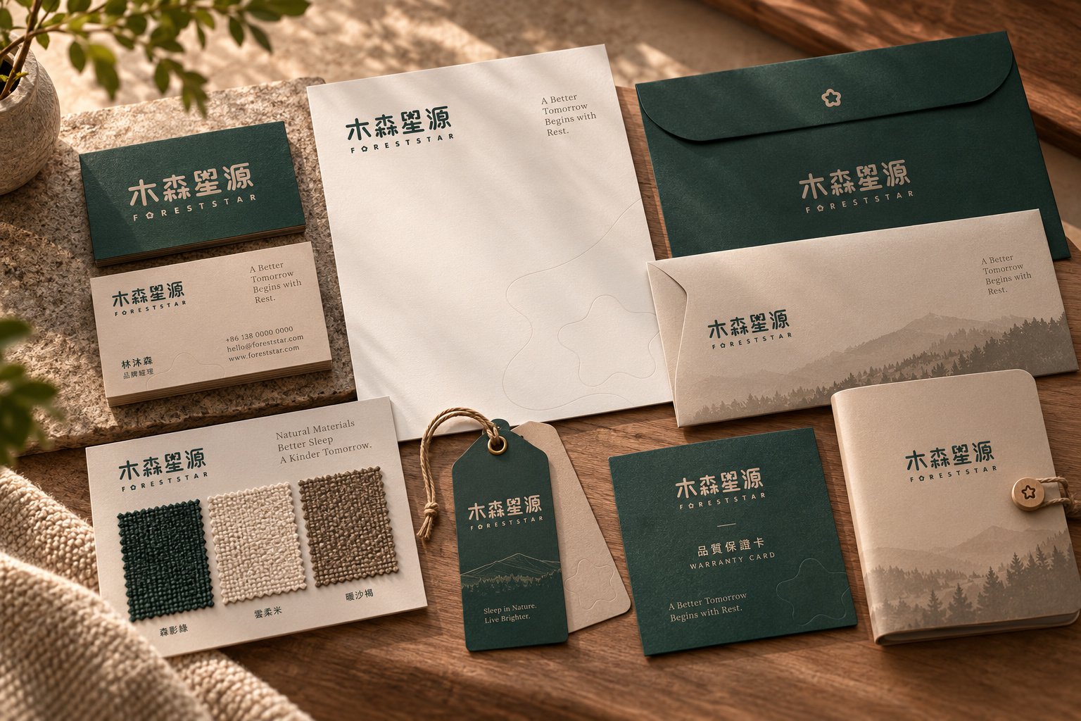 木森星源品牌办公与宣传物料设计,展示名片、信封、信纸、产品色卡、吊牌与品牌卡片