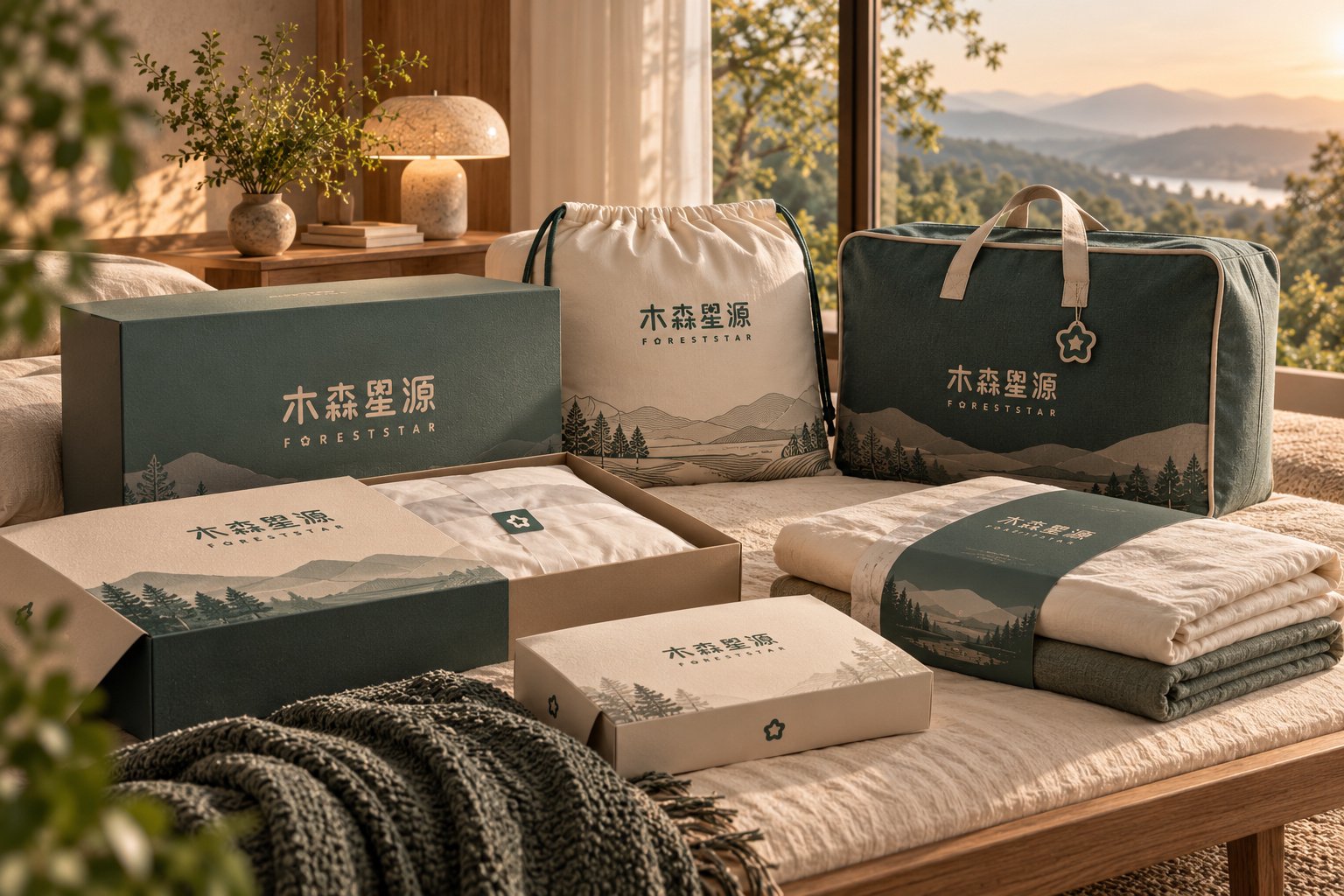 木森星源床品礼盒与产品包装设计，展示品牌织物、包装盒、手提袋及自然景观辅助图形
