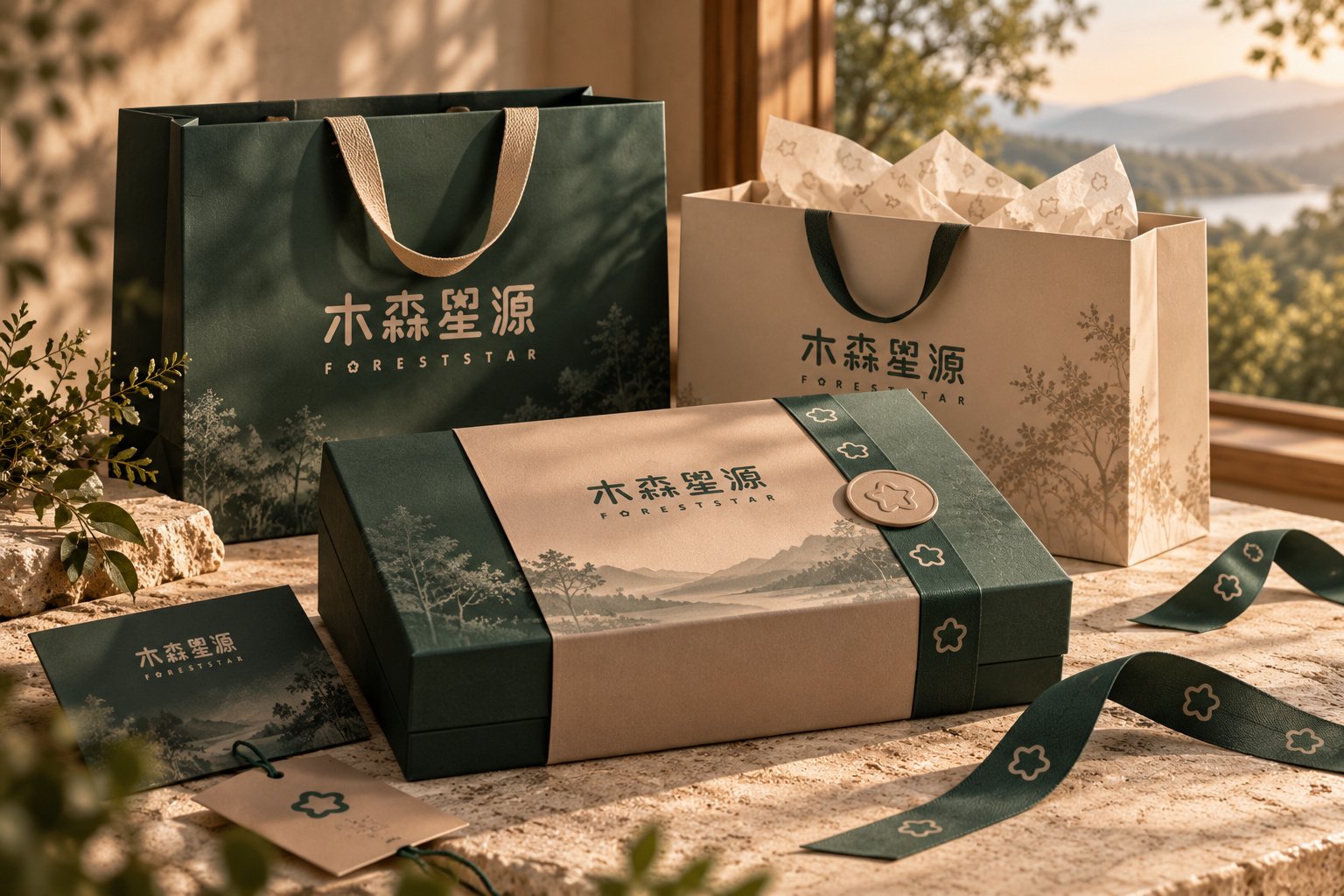 木森星源卧室空间VI应用展示，结合品牌墙面标志、软床产品、自然光影与品质绿视觉元素