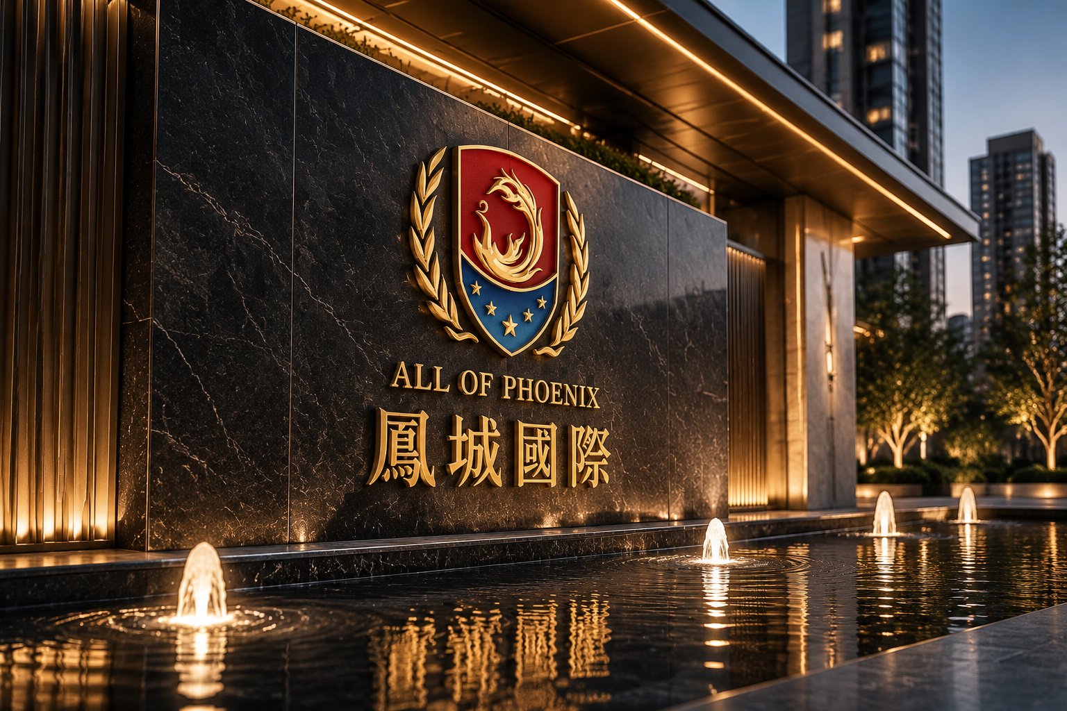 凤城国际房地产项目VI设计，凤凰徽章Logo与金色立体品牌字应用于深色石材入口形象墙