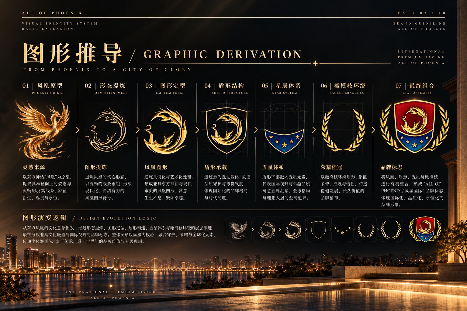 凤城国际品牌Logo图形推导，从凤凰原型到盾形结构、星形元素和月桂枝的标志构成过程
