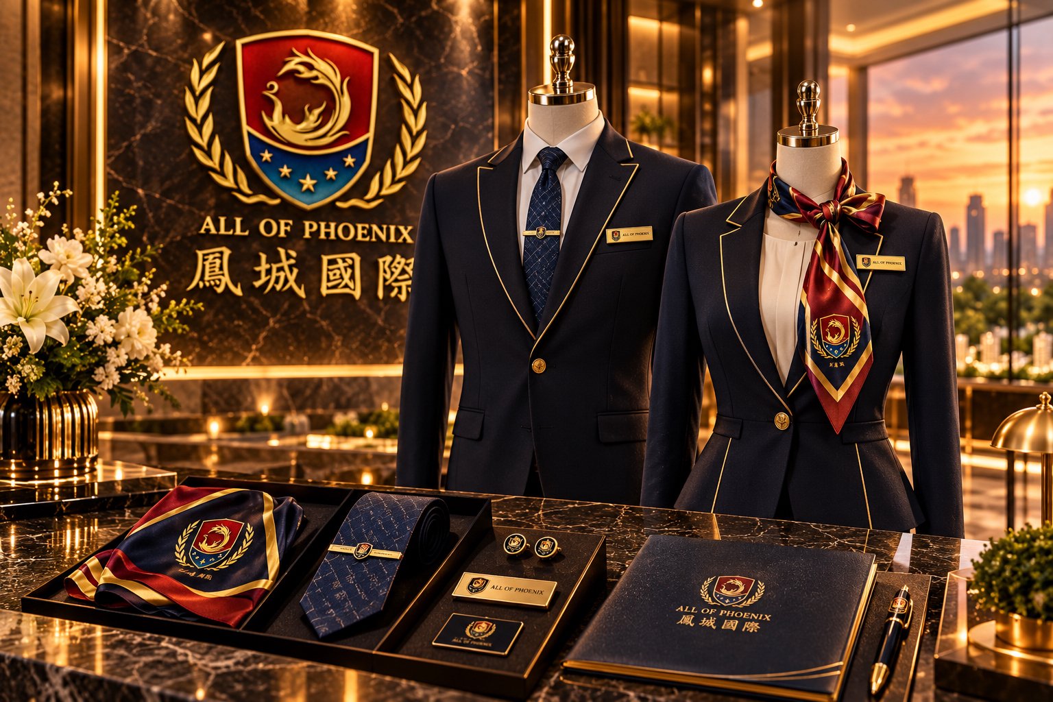 凤城国际物业及接待人员制服VI设计，展示深色职业服装、品牌领带、丝巾、胸牌与配套用品