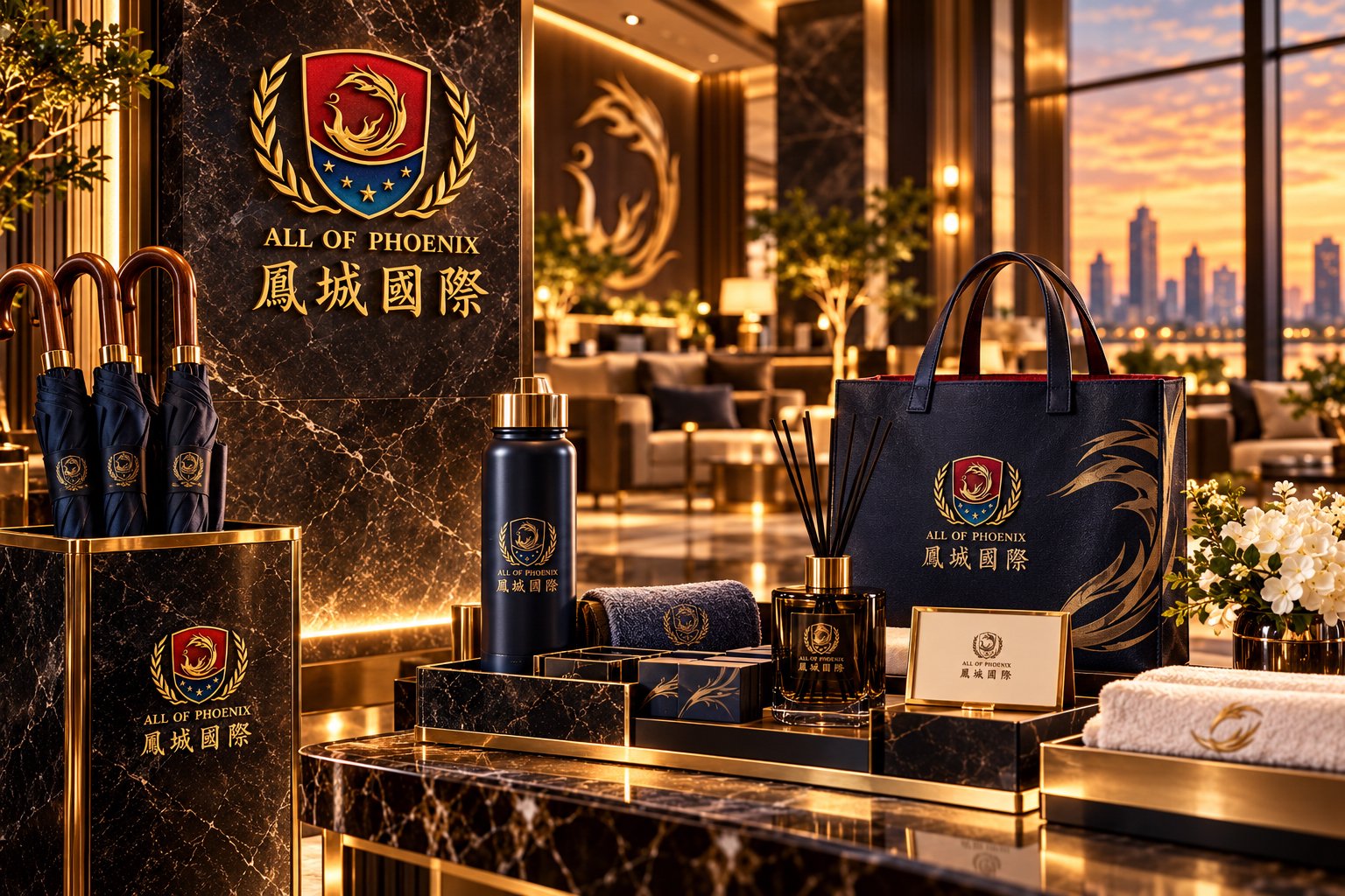凤城国际品牌礼品与物业用品设计，展示雨伞、随行杯、手提袋、毛巾及礼品包装的VI应用