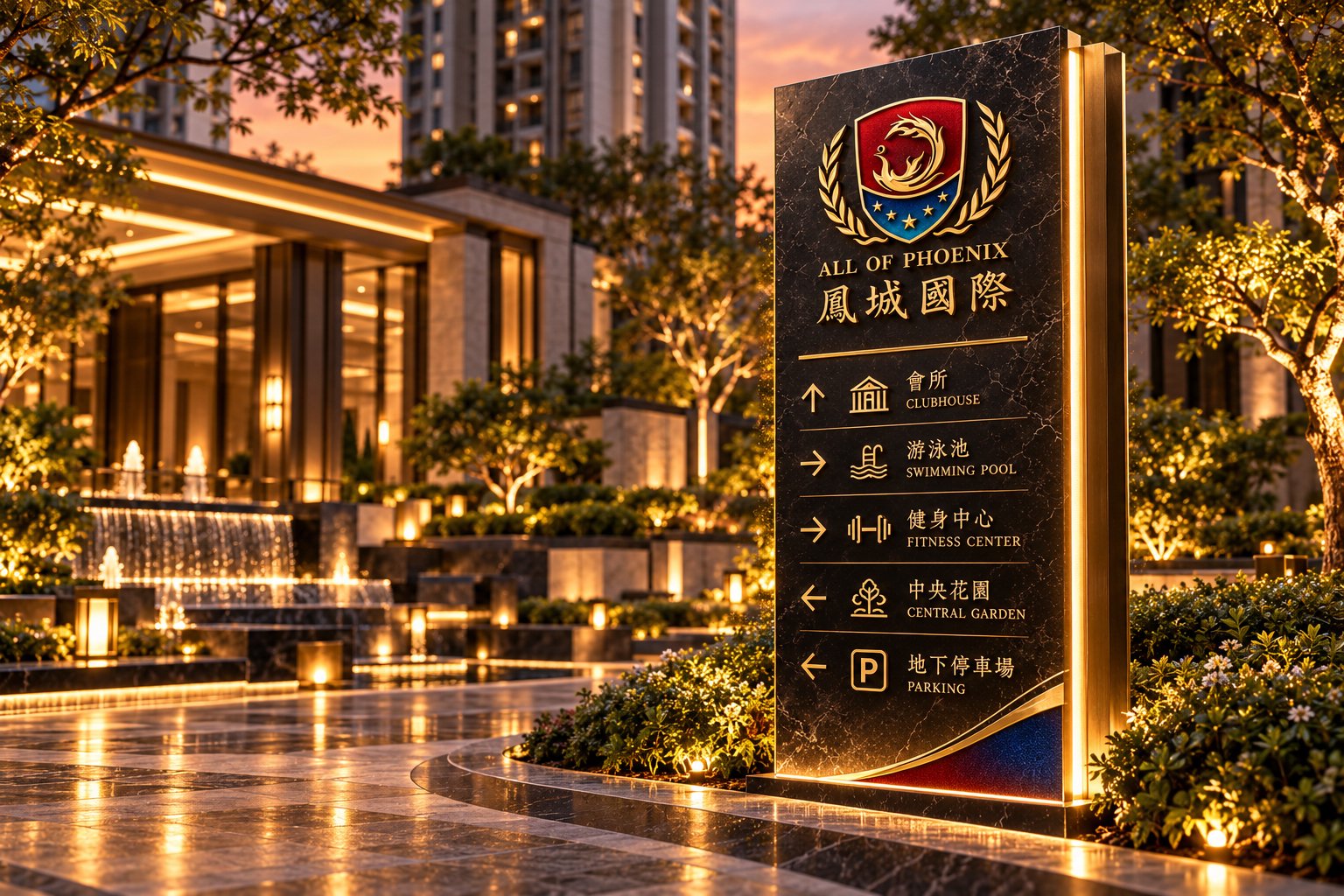 凤城国际房地产项目环境导视设计，深色立式标牌结合金色文字、方向符号及凤凰徽章