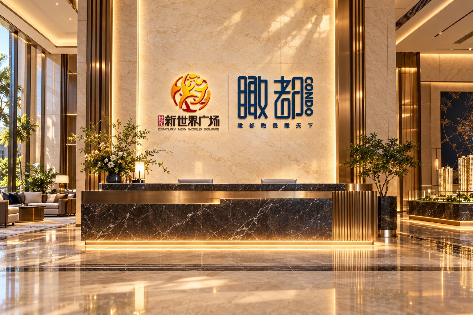瞰都公寓接待大厅品牌形象墙与室内空间VI应用