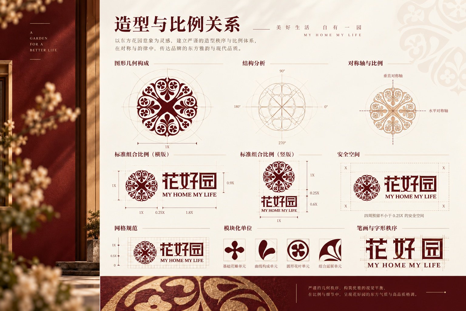 花好园 VI 基础设计中的标志几何结构、组合比例、安全空间与网格规范