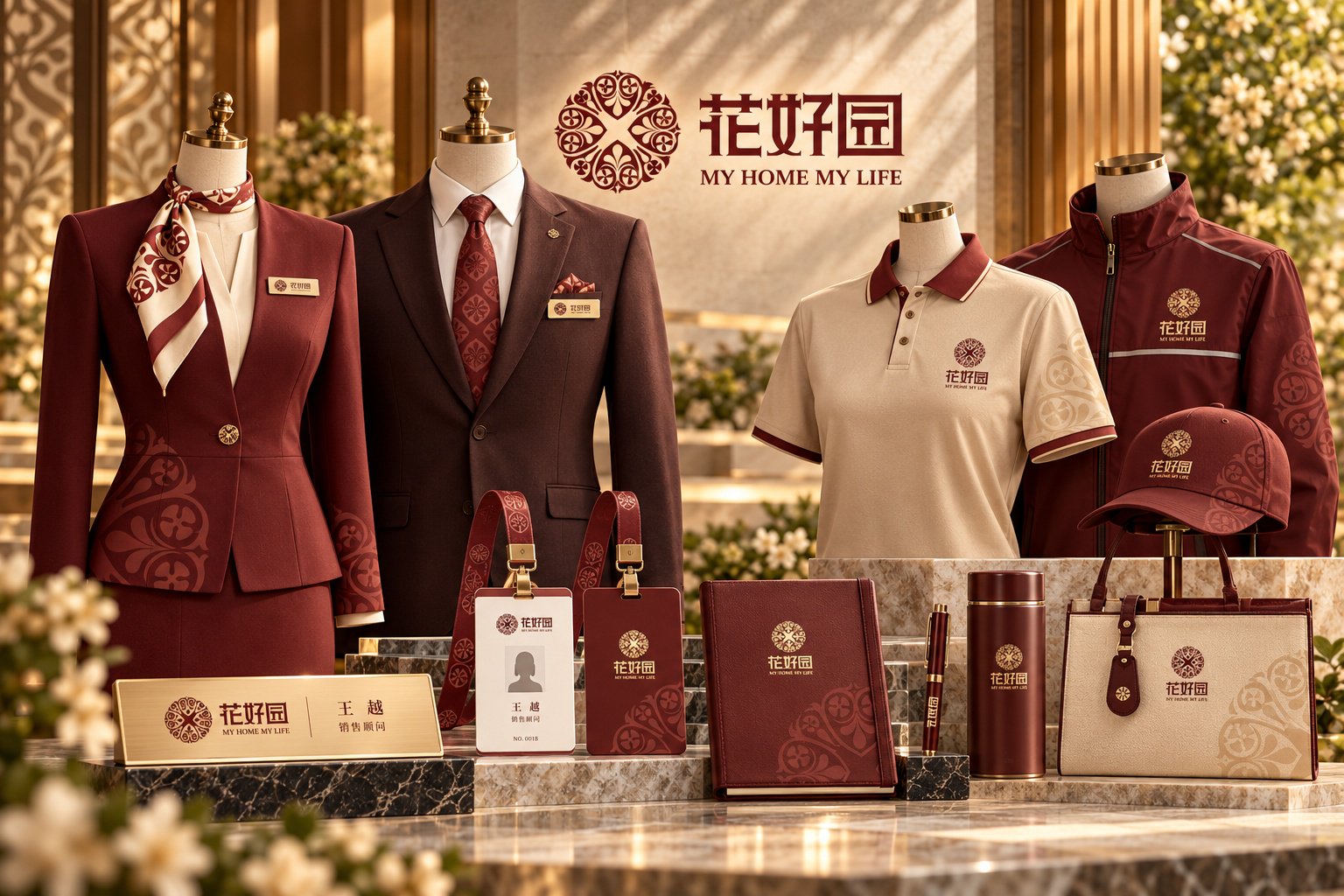 花好园房地产 VI 延展中的员工制服、工作证件、配饰与品牌办公用品