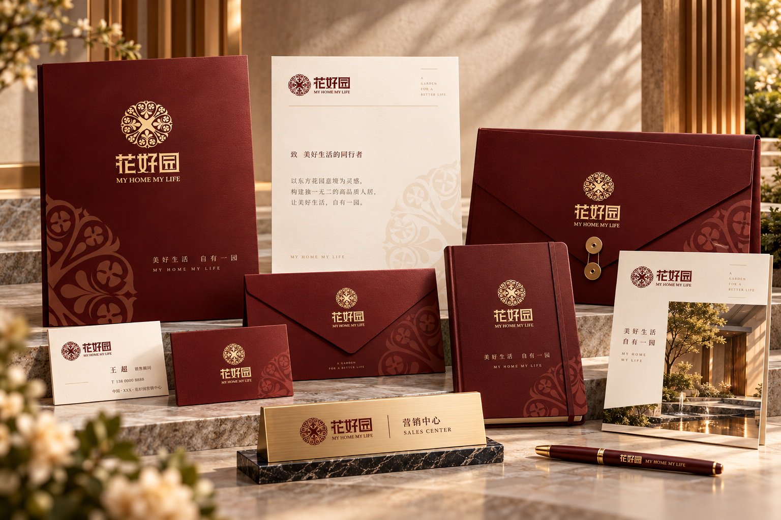花好园房地产品牌办公物料组合,展示文件袋、宣传册、信纸及品牌标志应用