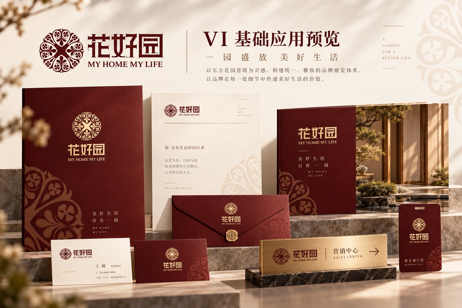 花好园房地产 VI 设计基础应用展示,包含品牌标志、宣传印刷品与视觉规范
