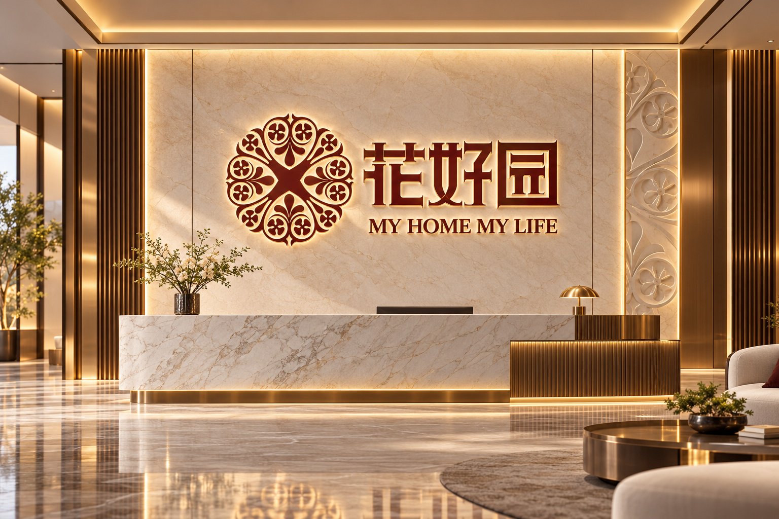 花好园售楼处接待空间 VI 应用,以石材前台、品牌标志墙和暖色灯光形成统一形象