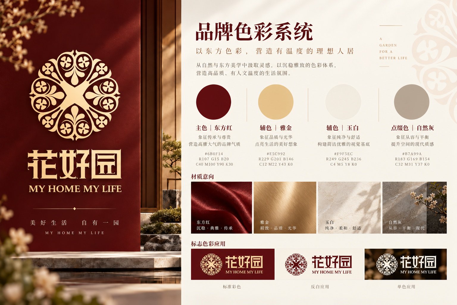 花好园品牌 VI 色彩规范,展示酒红、香槟金、暖白与自然灰的配色关系