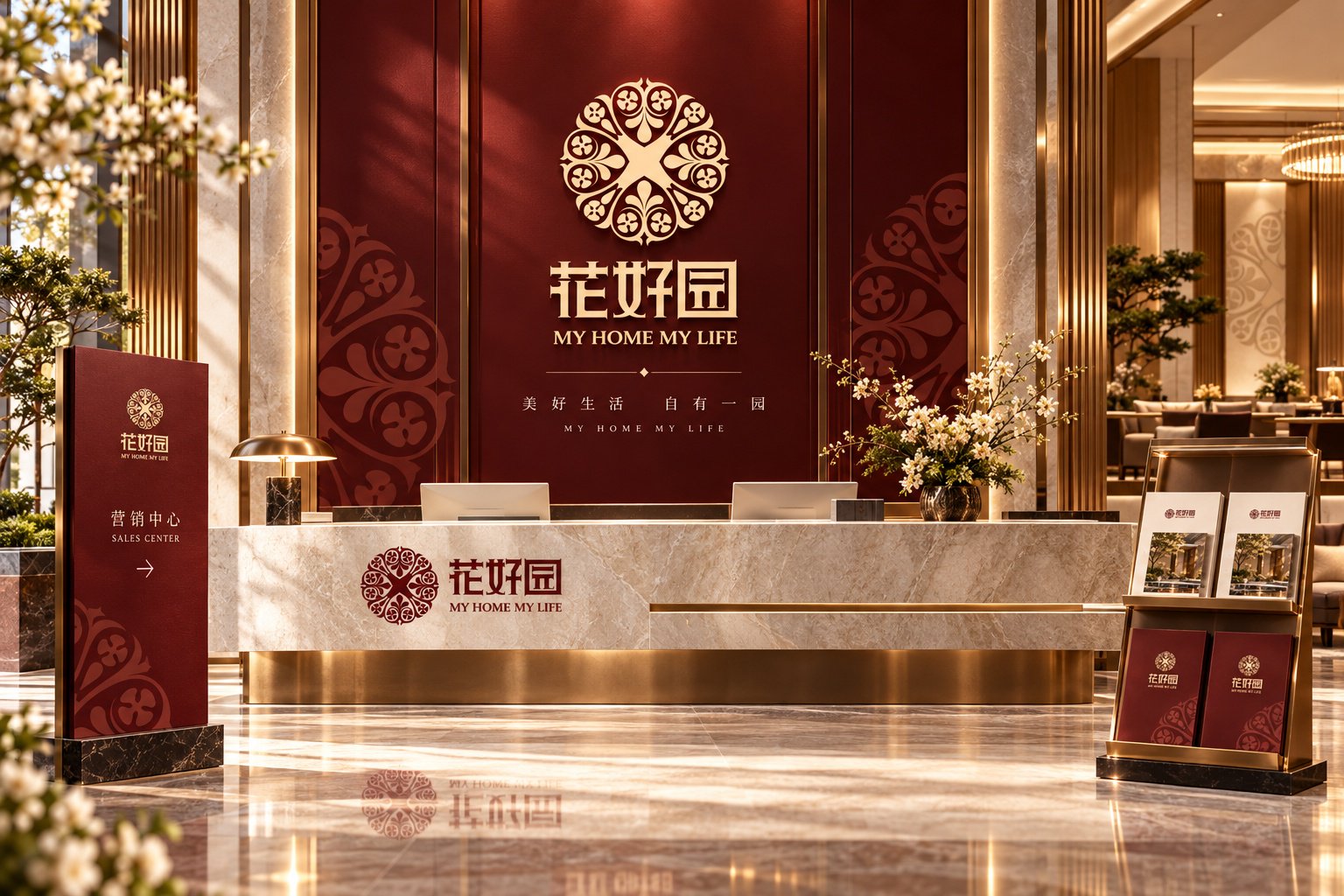 花好园售楼处 VI 应用,展示酒红色品牌背景墙、接待前台与统一标志组合