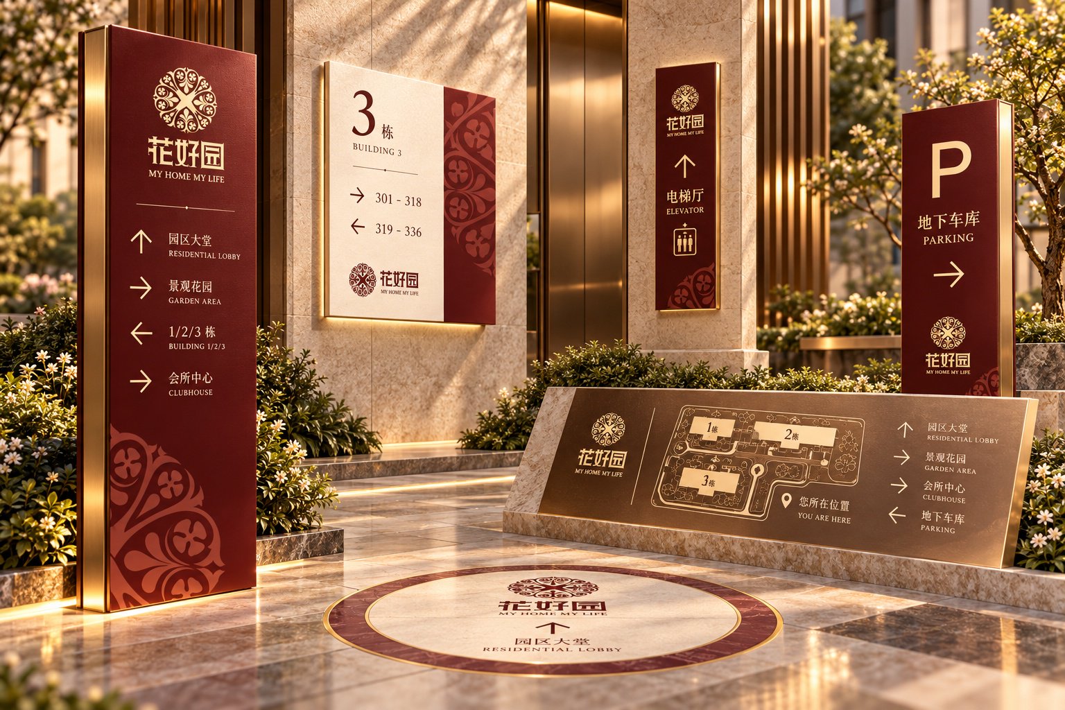 花好园住宅项目导视系统,包含方向指引、楼栋分布图、入口标识及地面导视