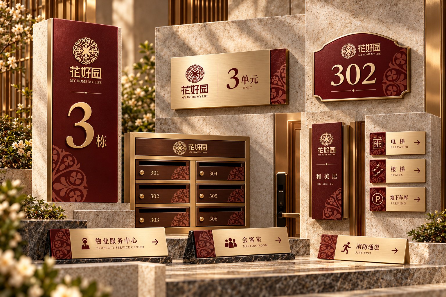 花好园社区导视设计,展示楼栋编号、房号标牌、信报箱及物业服务指引