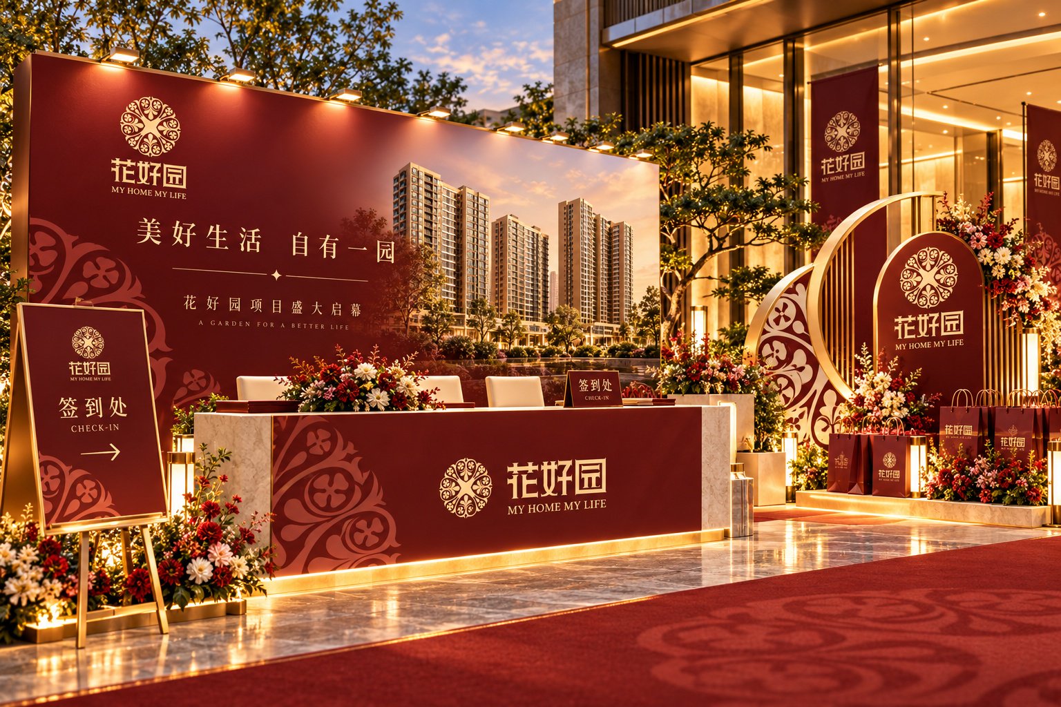 花好园房地产项目活动视觉设计,展示签到台、活动背景、品牌标识与迎宾物料