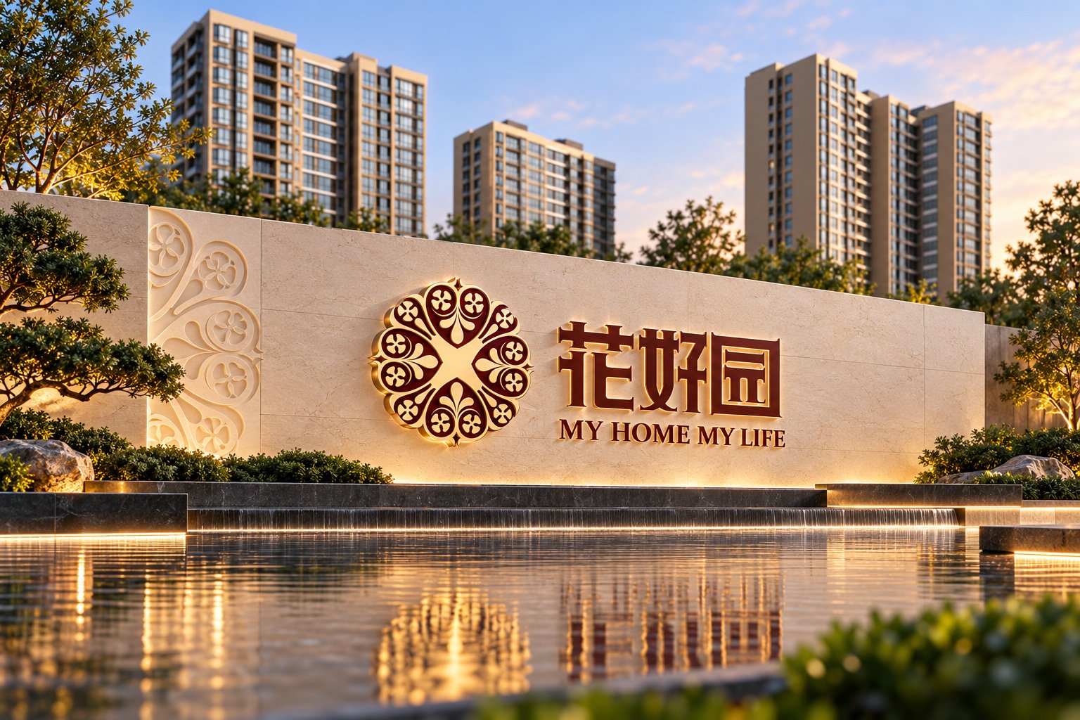 花好园房地产项目石材形象墙与立体品牌标志,展示入口视觉及景观照明效果
