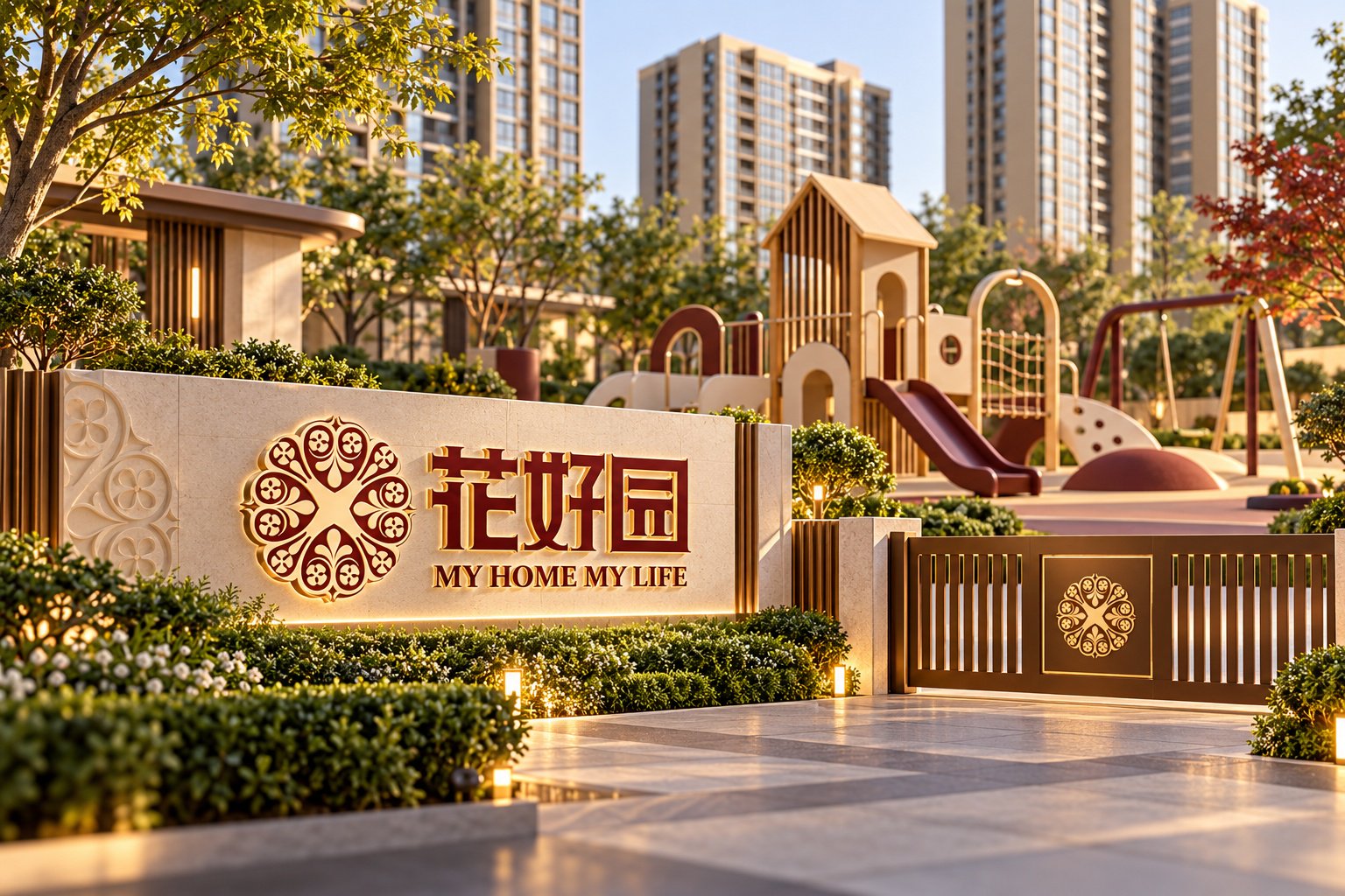花好园住宅社区入口设计,展示品牌标志墙、景观绿化、儿童活动区与金属围栏
