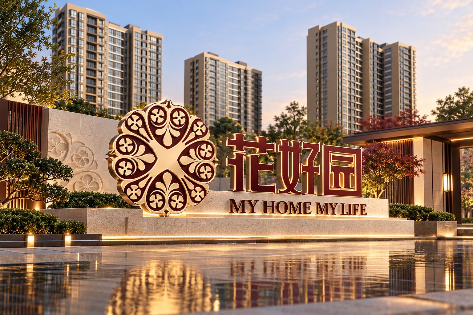 淄博花好园房地产项目入口整体形象,展示住宅楼、景观水面与品牌标志墙