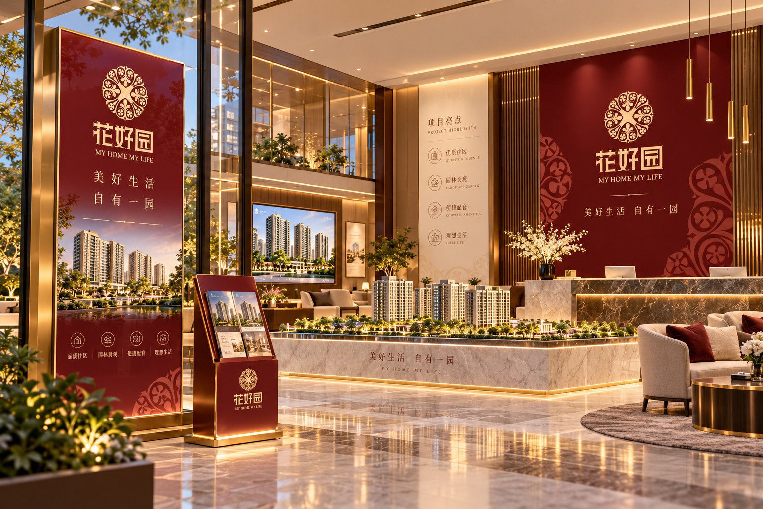 花好园房地产售楼处品牌视觉设计,展示沙盘、项目展板、接待区域与宣传物料