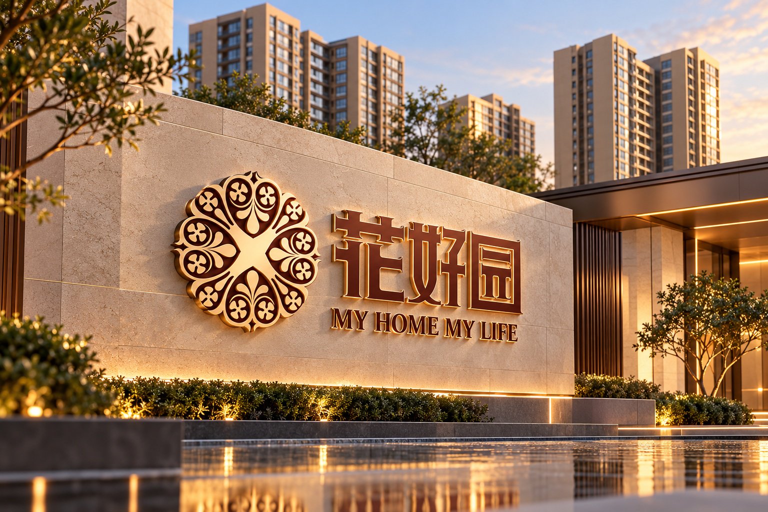 淄博张店花好园房地产项目入口石材形象墙与立体品牌标志设计