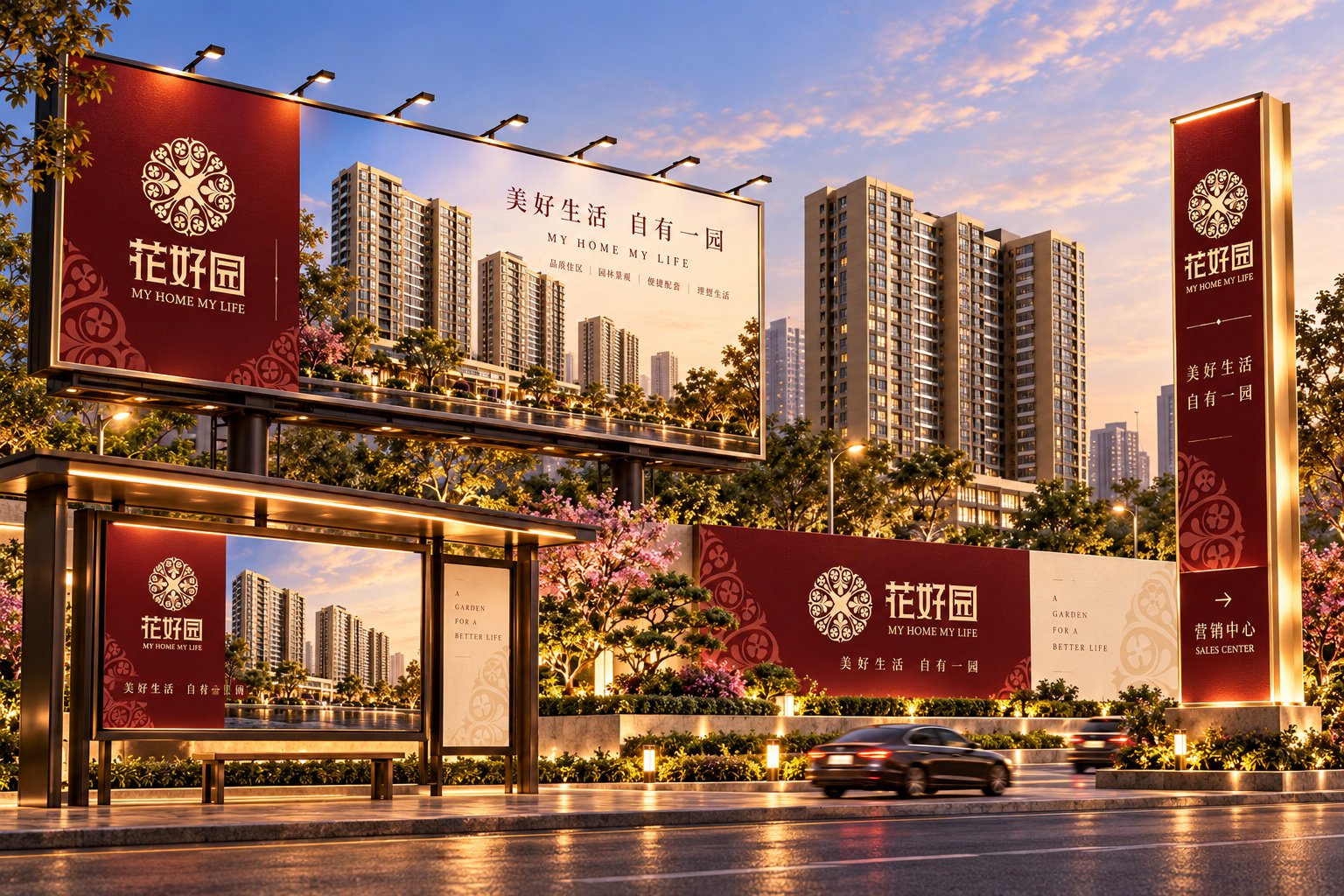 花好园房地产项目户外广告 VI 设计，展示品牌宣传画面、广告牌与项目建筑